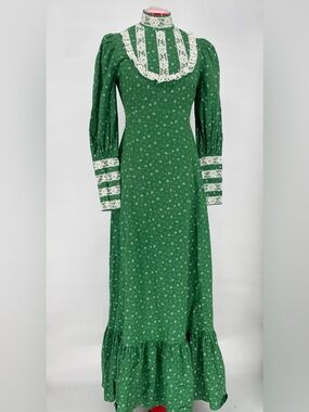 1970s Green High Neck Voluminous Long Sleeve Handmade Prairie Dress Lace Accents